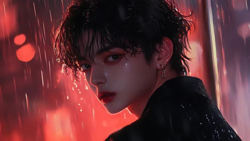 Glistening rainlit portrait of youth in crimson glow.