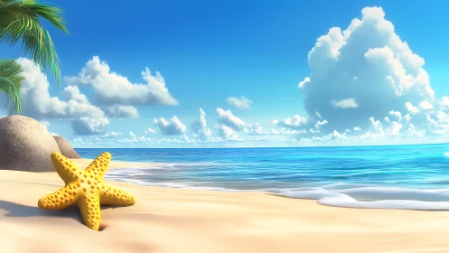 Golden starfish rests on sunlit tropical shoreline