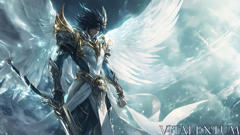 Winged armored warrior in luminous sky environment.