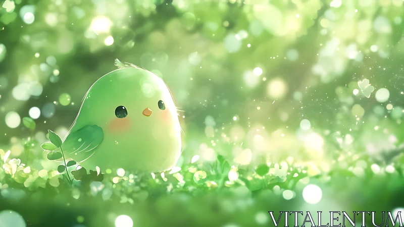 Luminous Chick Sits in Enchanted Green Meadow.