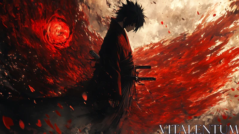 Silhouetted swordsman stands amid radial red energy field