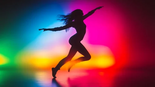 Silhouette dancer leaping through a rainbow glow of light.