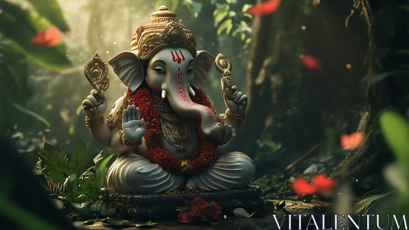 Lord Ganesha idol glows in tranquil forest sanctuary setting.