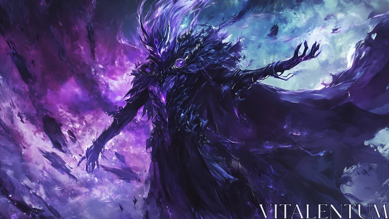 Voidborne sorcerer in amethyst vortex with fractured nebula energy