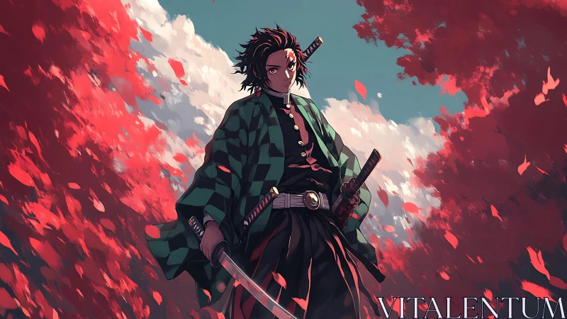 Sword-wielding warrior amid scarlet leaves in anime panorama.