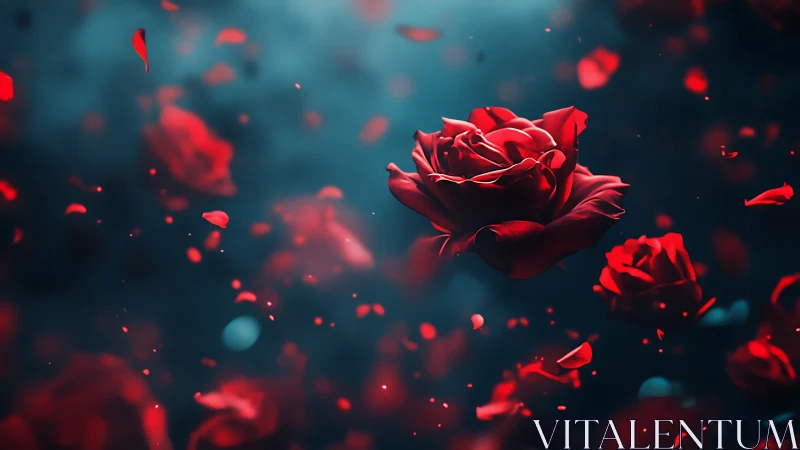 Floating Red Roses Against Teal Background.