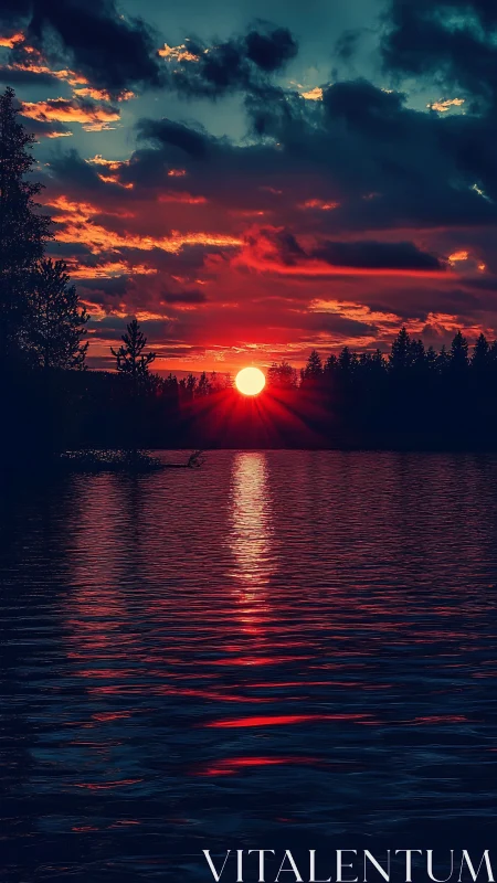 Crimson lake sunset with silhouetted treeline and clouds.