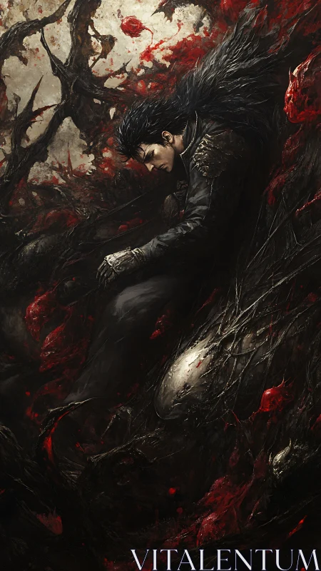 Dark warrior entwined in crimson organic abyssal roots.