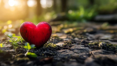 Red heart-shaped object positioned on textured stone surface with vegetation