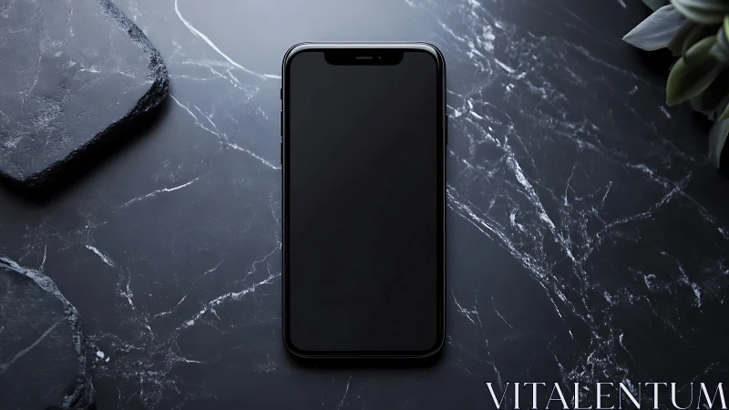 Black Smartphone on Dark Marble Background.
