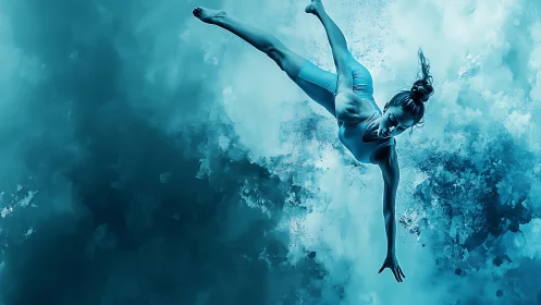 Female acrobat suspended in blue abstract digital space.