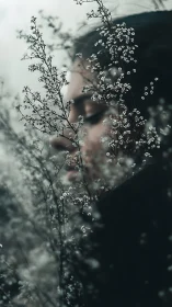 Portrait obscured by delicate foliage and defocused blooms.