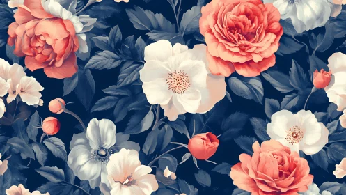 Botanical floral arrangement with coral and white blooms on navy background.