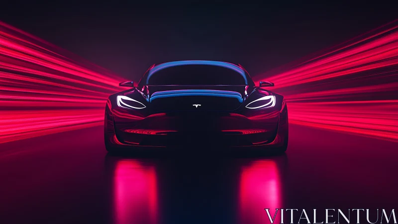 Electric performance coupe in neon red motion tunnel.