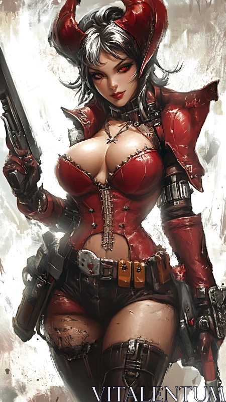 Demon gunslinger warrior in scarlet armored leathers poised