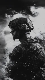 Side-profile depiction of combat soldier in digital gear