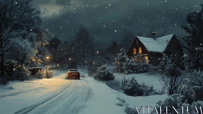 Snowy winter night road leading to a warmly lit cottage.