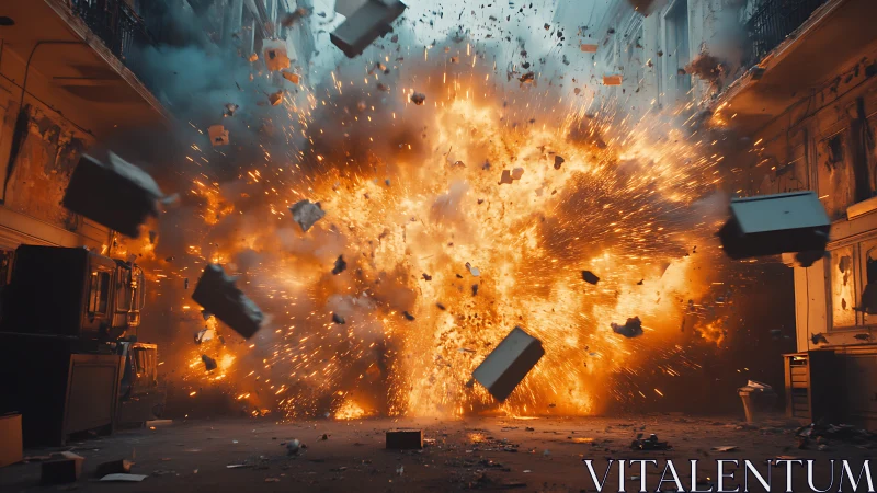Urban corridor explosion with scattered structural debris.