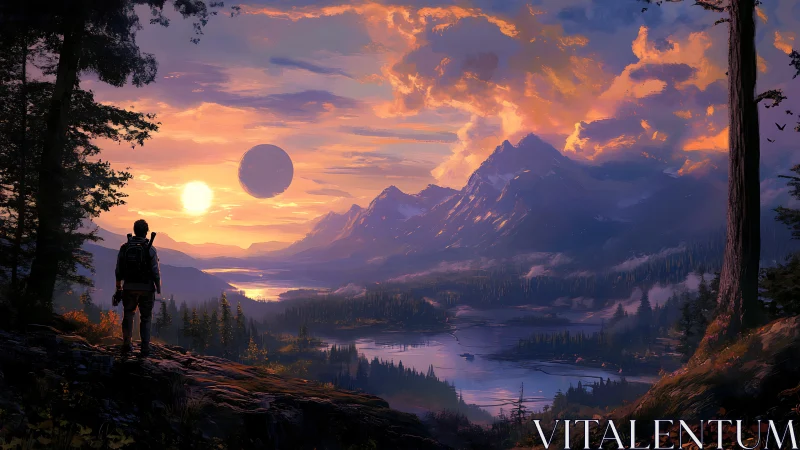 Hiker overlooks alien sunset above lake and snow peaks