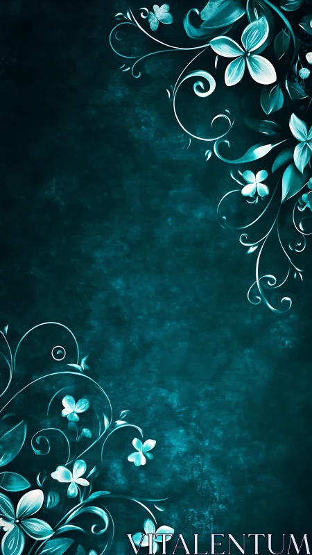 Teal Floral Ornamental Design with Scrolling Vines