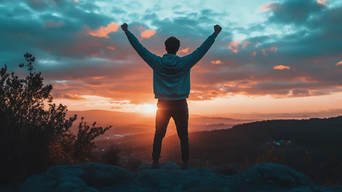Silhouetted hiker celebrates sunrise over misty mountain valley.