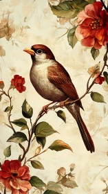 Songbird on flowering branch in vintage botanical style.