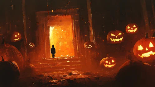 Child enters blazing doorway through haunted pumpkins portal