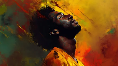 Portrait of serene man against fiery abstract colors.