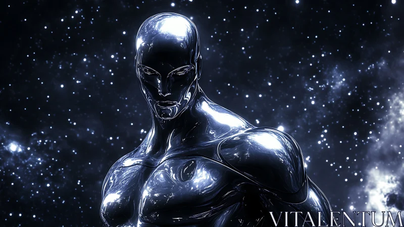 Chrome humanoid figure reflects deep cosmic starfield.