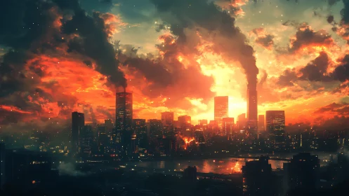 Apocalyptic sunset over burning industrial riverfront skyline.