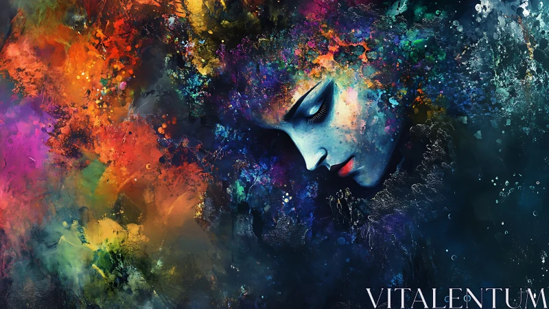 Surreal female profile dissolves into radiant cosmic colors