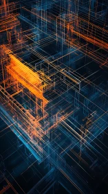Neon wireframe grid shows complex digital network layout.