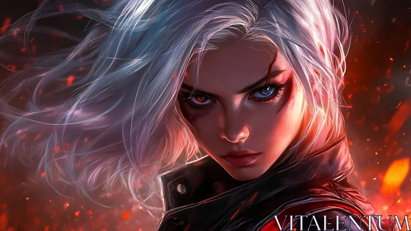 White haired warrior with heterochromia amid embers.