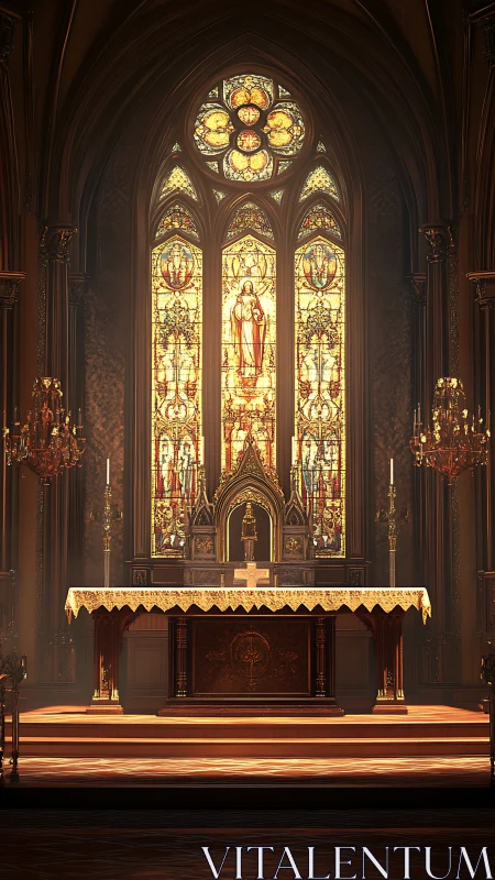 Gothic cathedral altar glows beneath ornate stained glass.