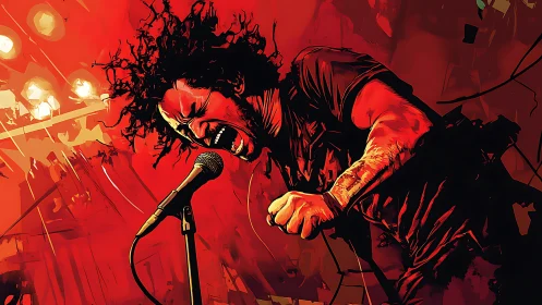 Rock vocalist screams into the mic amid blazing red lights