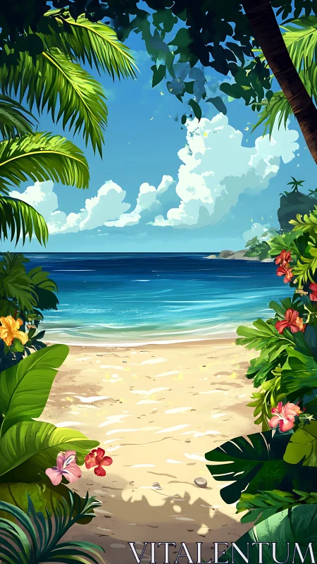 Tropical Beach Scene with Palm Trees and Flowering Vegetation