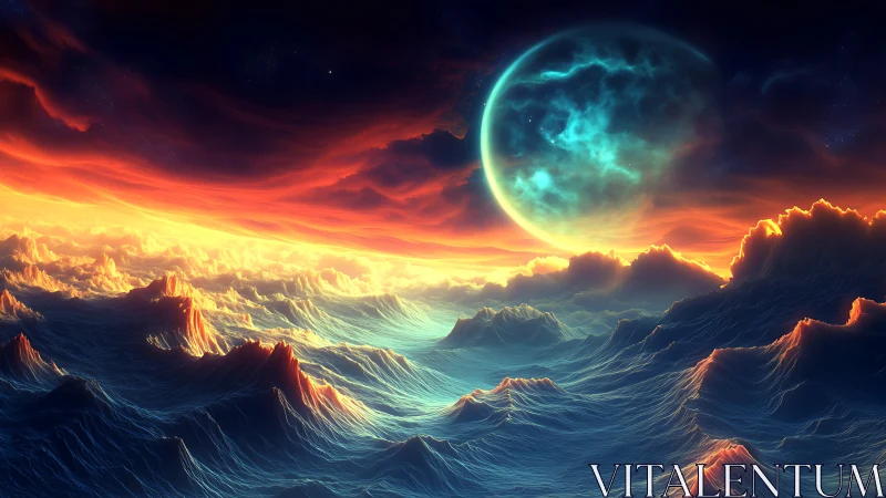 Molten sky over neon tides on a distant dreaming world.