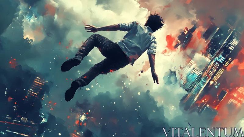 Solitary figure suspended above fragmented cityscape sky.