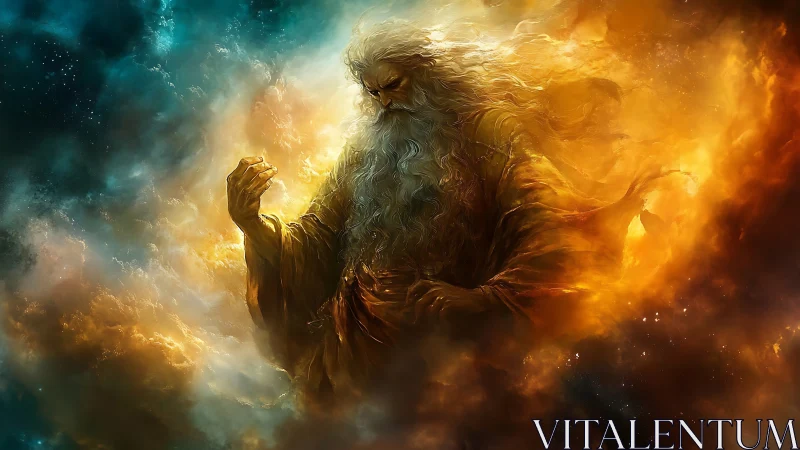 Elderly robed figure emerges from swirling cosmic clouds