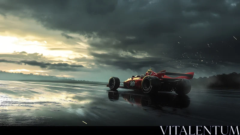 Red formula car races across stormy wet track at dusk