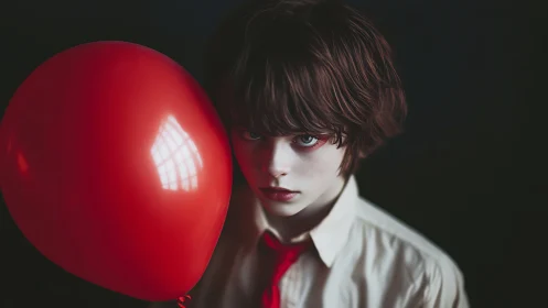 Moody child portrait with red balloon and dramatic chiaroscuro