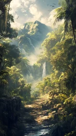 Tropical Canyon Gorge With Cascading Waterfalls Through Verdant Jungle.
