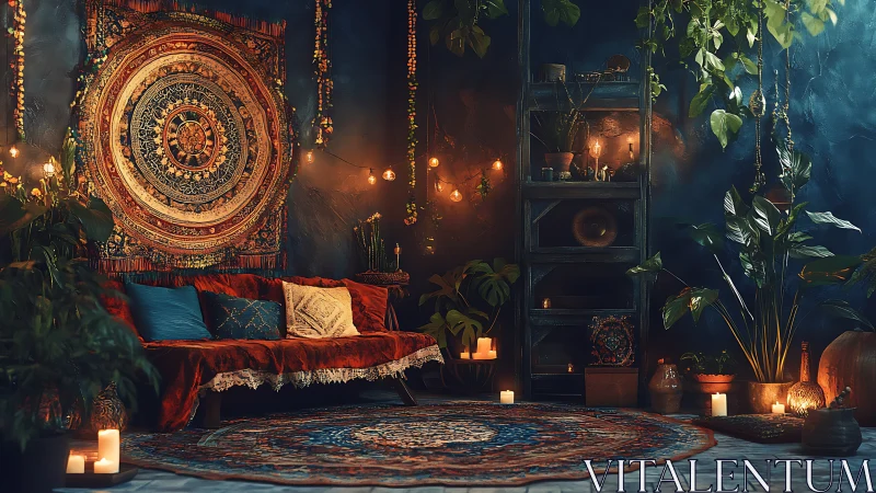 Bohemian lounge with mandala textile, foliage and candles.