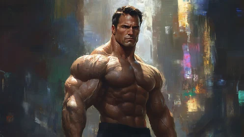 Urban titan in oil-brushed light and stormy focus.