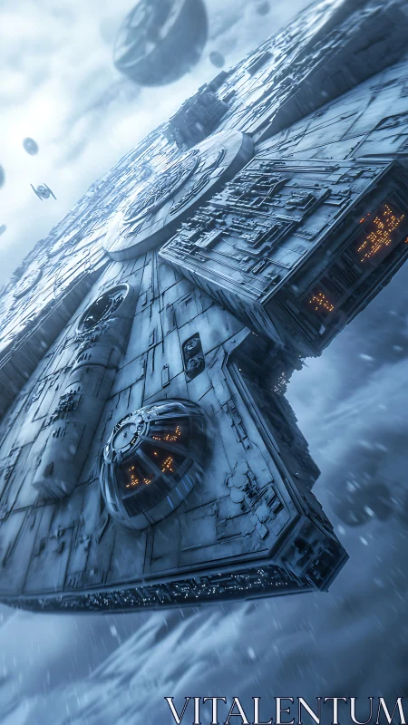 Tilted starship in clouded sky with distant craft present.