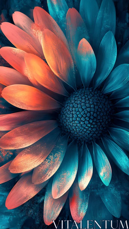 Bicolor daisy macro renders vivid cyan and coral brushlit petals