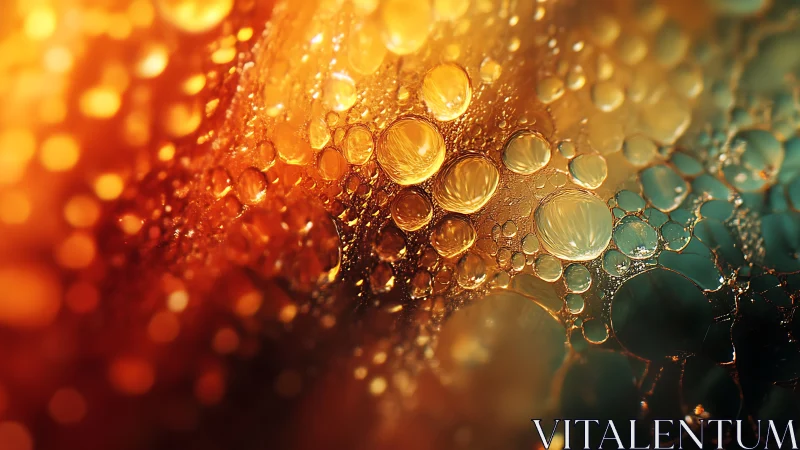 Macro oil droplets glowing in warm teal bokeh field.