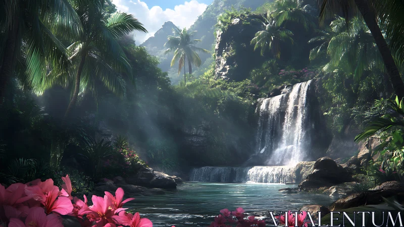 Tropical Waterfall with Orchids in Lush Mountain Paradise
