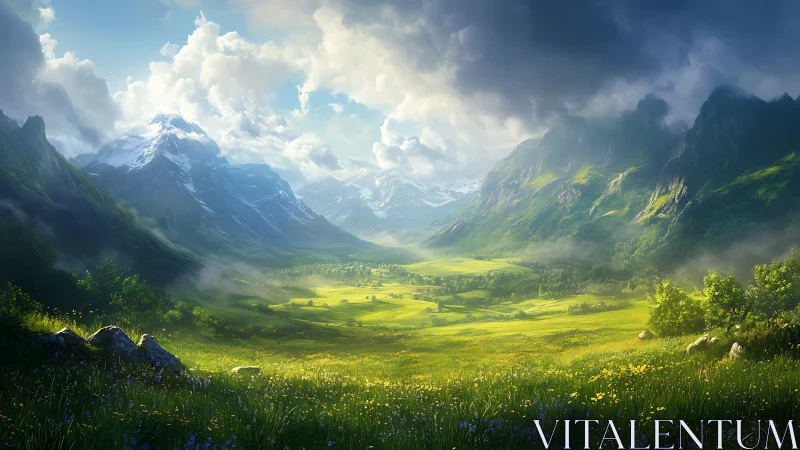 Sunlit alpine valley unfolding beneath brooding storm clouds.