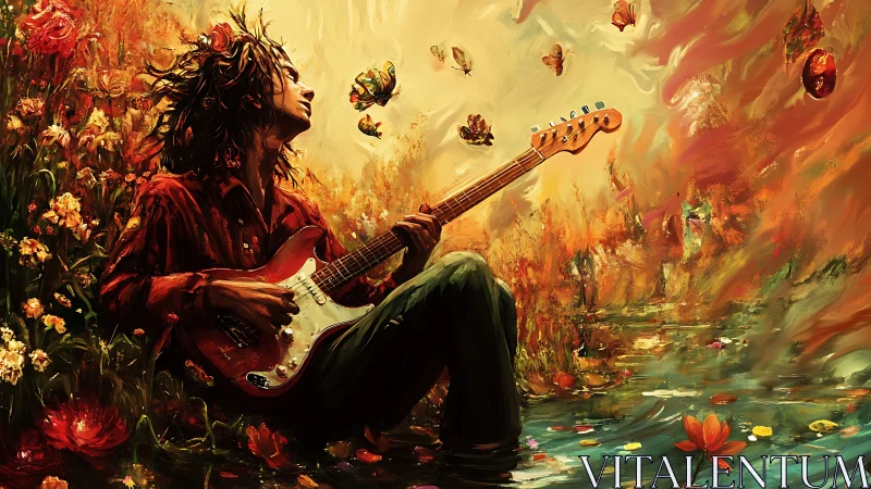 Guitar daydreamer surrounded by butterflies and wild blossoms.